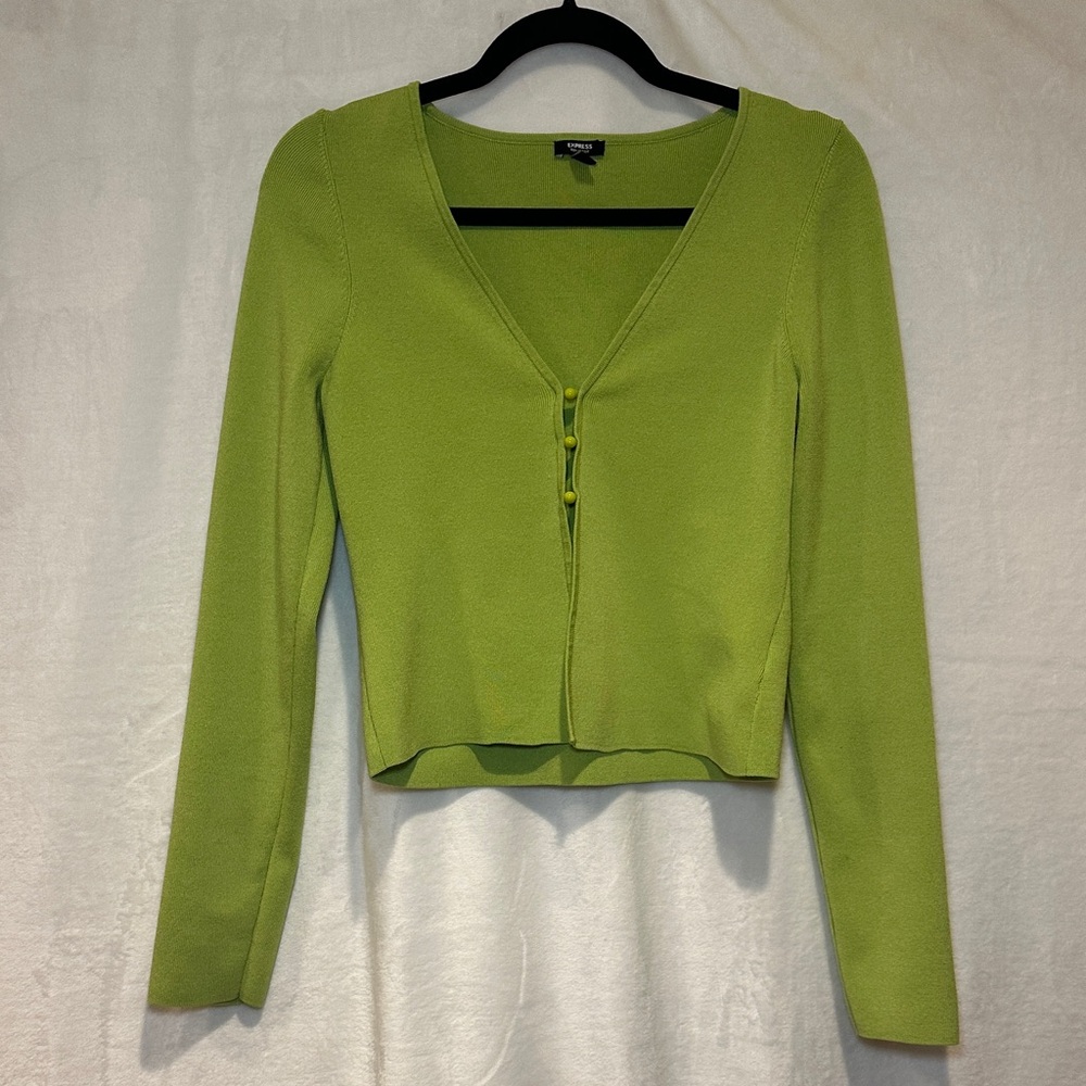 Express Lime Green V-Neck Button-Up Women's Sweater